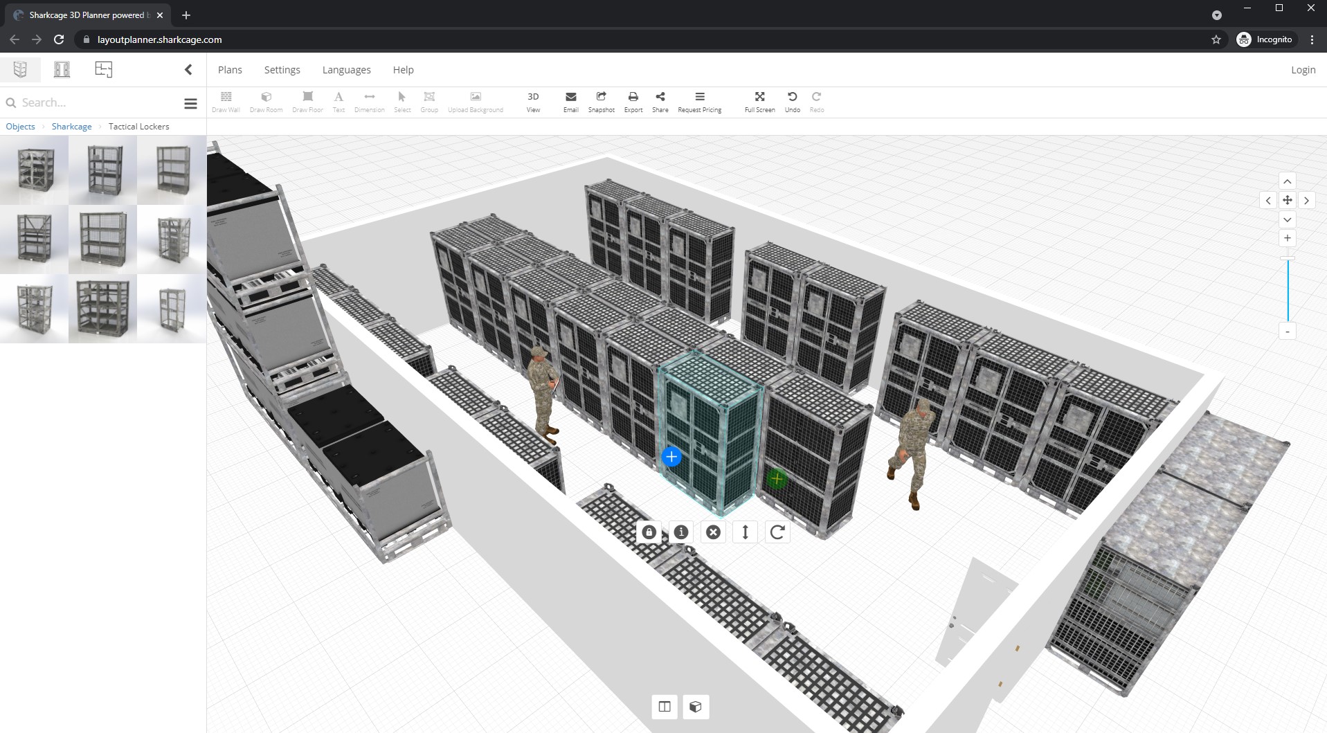 Screenshot of a warehouse made in 3D planner and filled with SHARKCAGEs