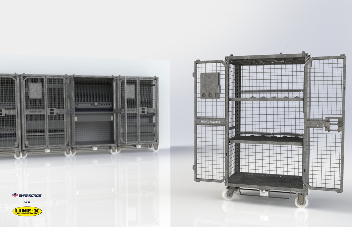 Storage cage on wheels with metal grid walls.