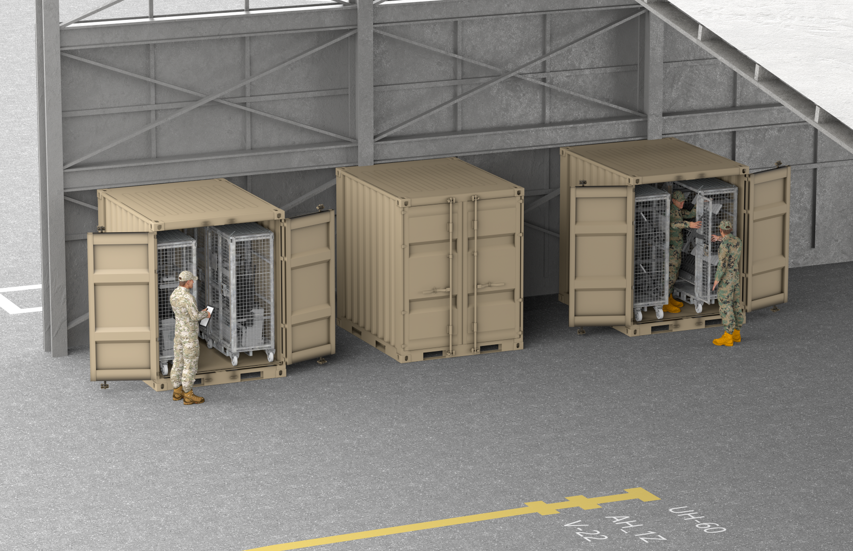 Three containers in a hangar. Two are open with cages visible. Weapons are locked inside.