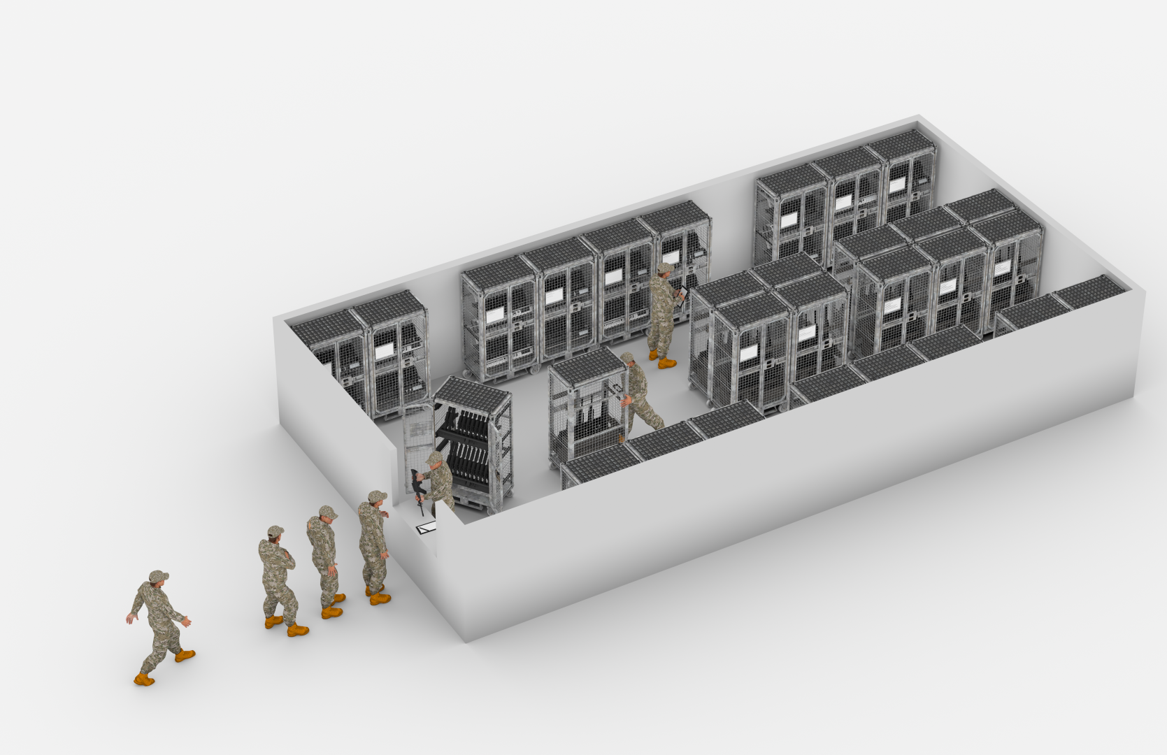 A queue of people standing in front of an arms room, filled with Tactical Lockers