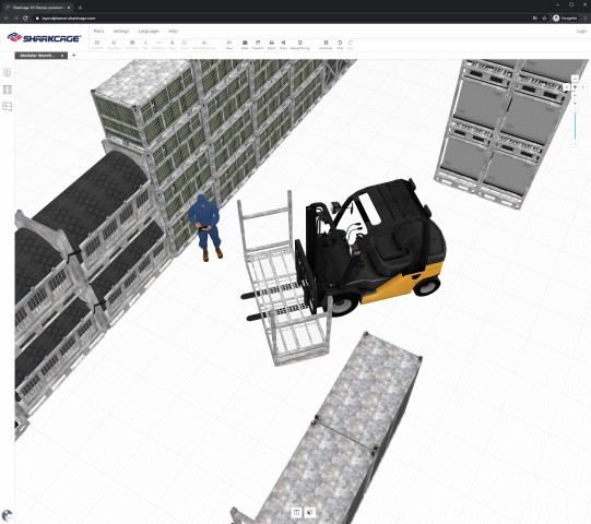 Screenshot of forklift moving stack-rack inside a warehouse built in SHARKCAGE3D planner