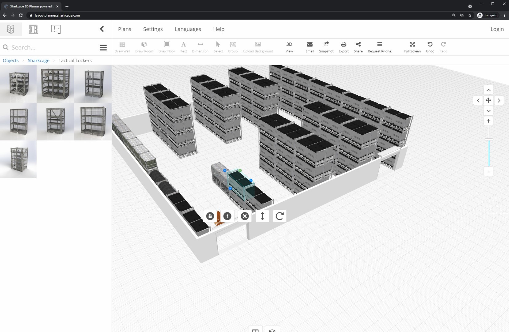 Screenshot of a warehouse made in 3D planner and filled with SHARKCAGEs