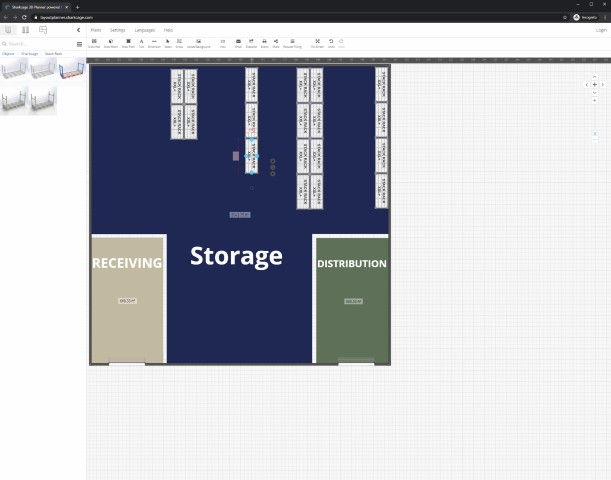 Schematic 2D view of warehouse with Receiving, storage and distribution area