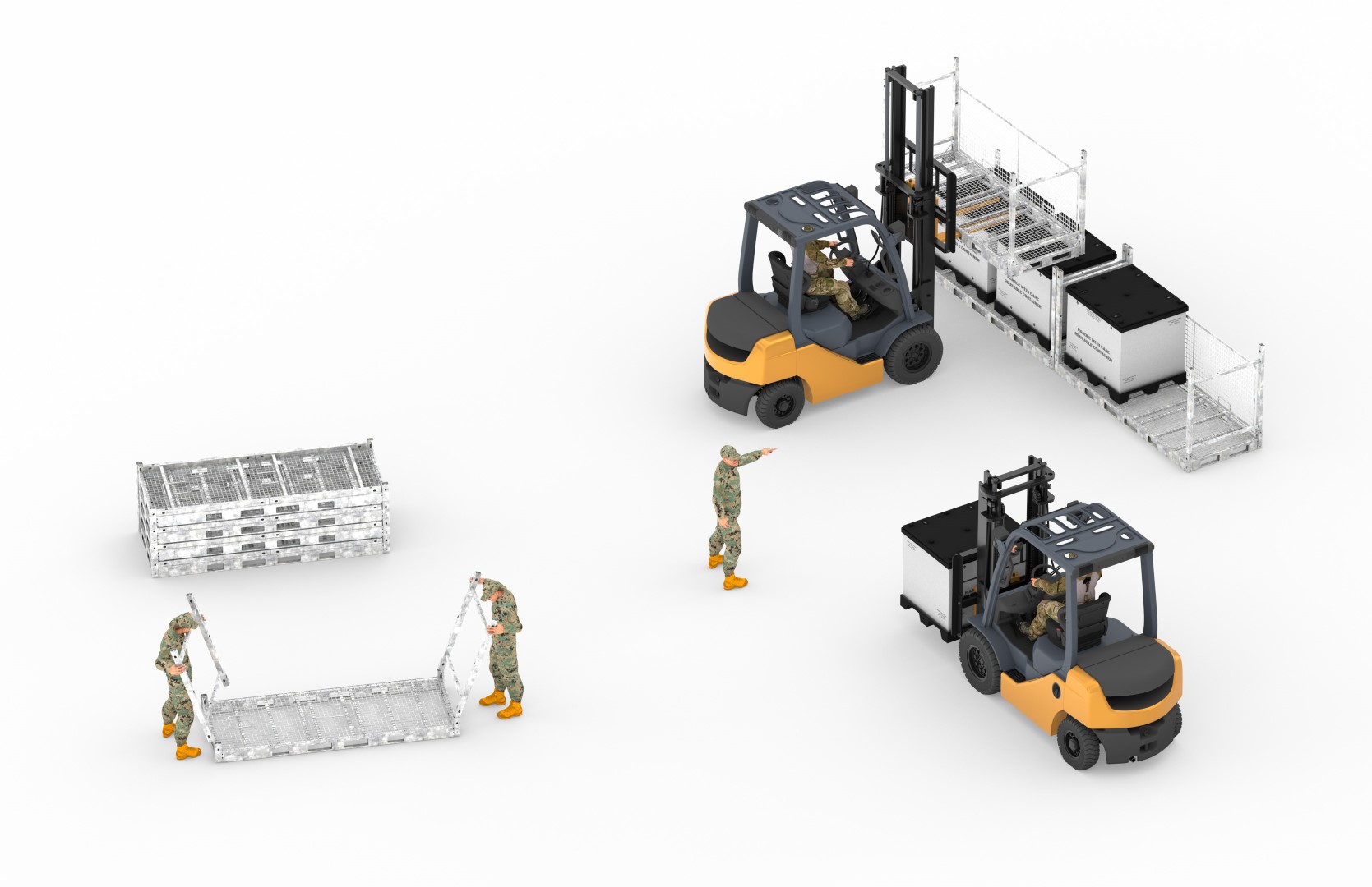 Two people assemble stack-racks while forklift drives assembled unit for stacking