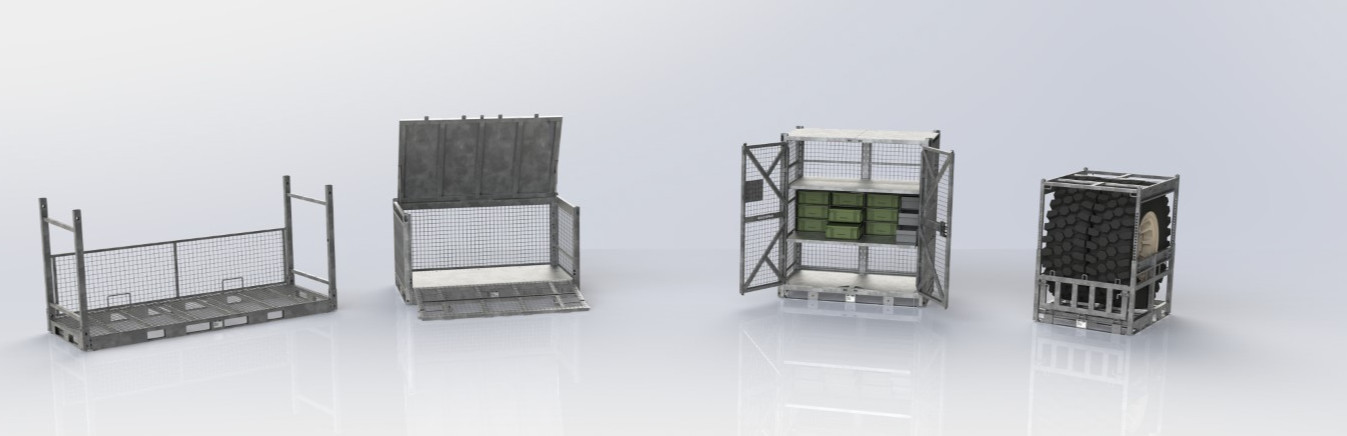 SHARKCAGE cages positioned from left to right: stack-rack, tactical basket, tactical locker, wheel cage.